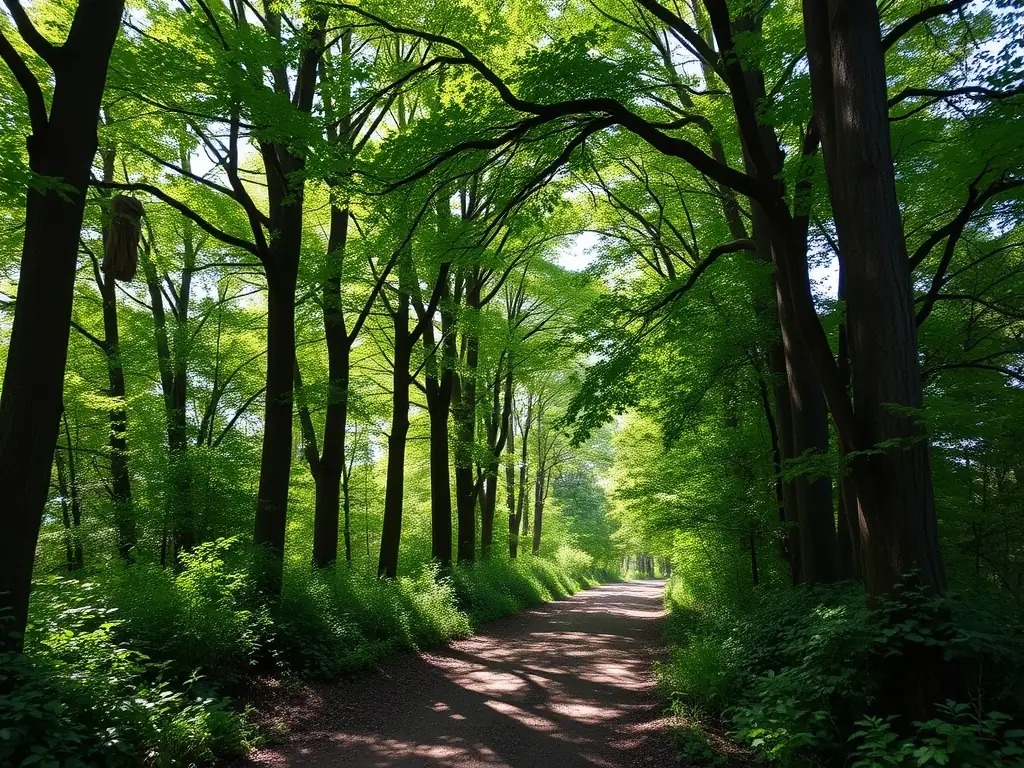 A well-maintained hiking trail winding through a lush forest, showcasing the pristine condition of Adventure Trails' maintained paths.
