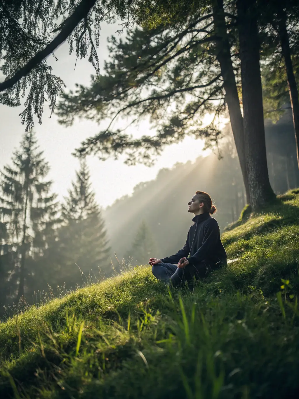 A calming image of individuals practicing yoga and meditation in a natural setting at Adventure Trails, representing the wellness package.