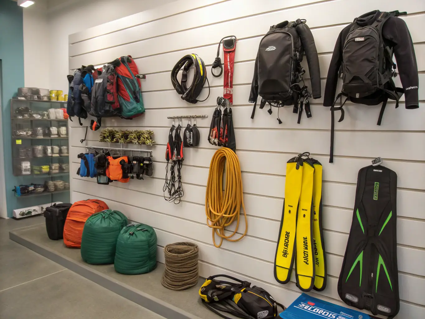 A modern rental shop at an Adventure Trails location, featuring a variety of high-quality bikes, climbing gear, and hiking equipment.