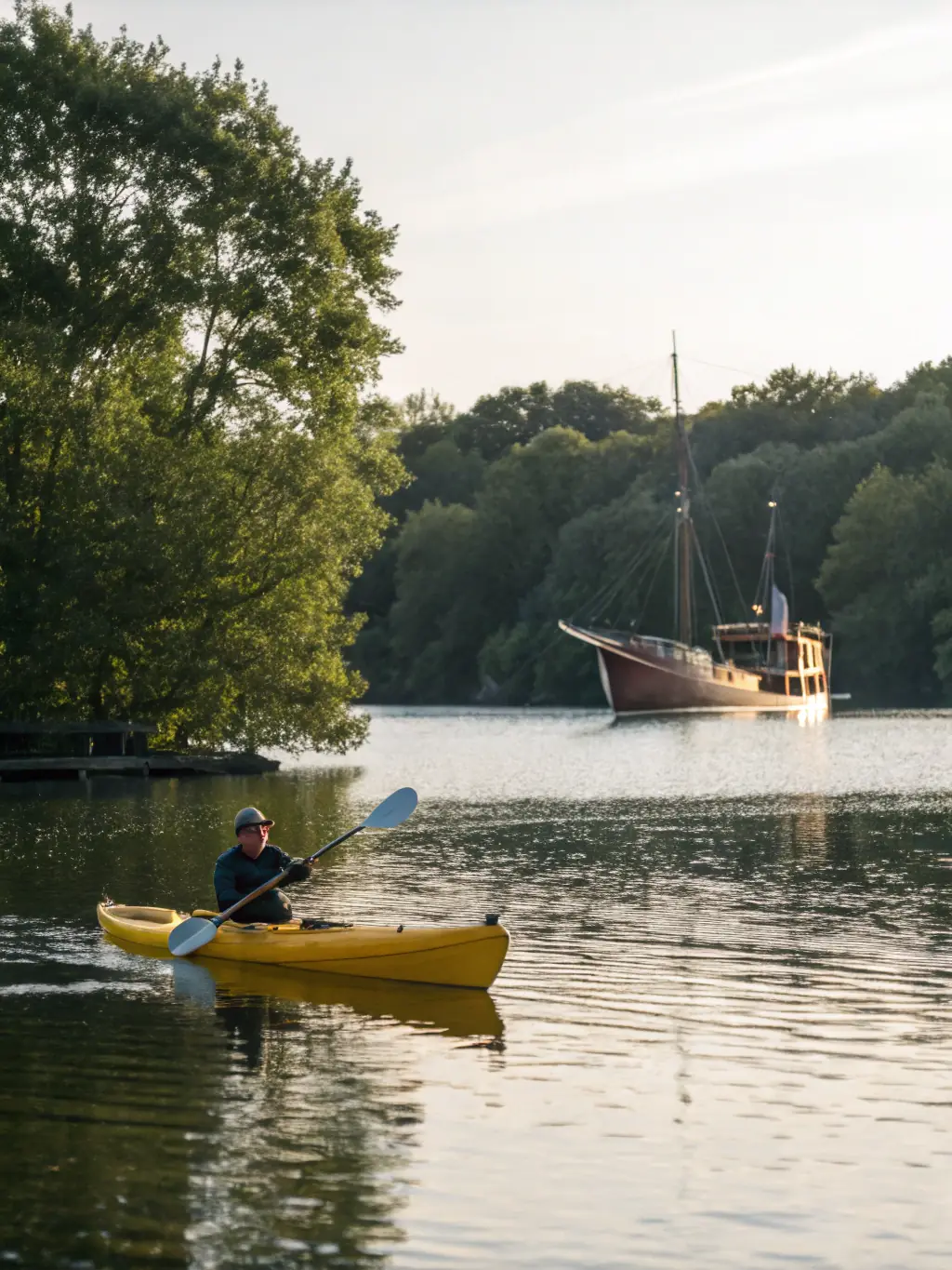 Kayakers paddling down a calm river surrounded by lush greenery, representing the paddling activity at Adventure Trails.