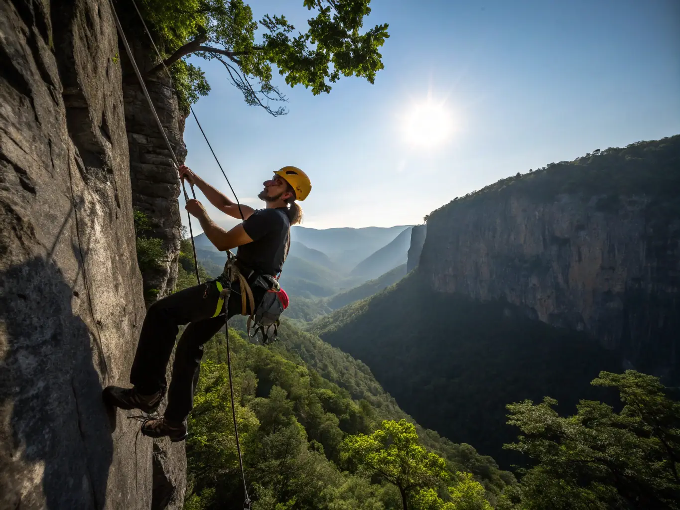 A certified Adventure Trails guide leading a group of adventurers through a challenging climbing route, demonstrating their expertise and ensuring safety.