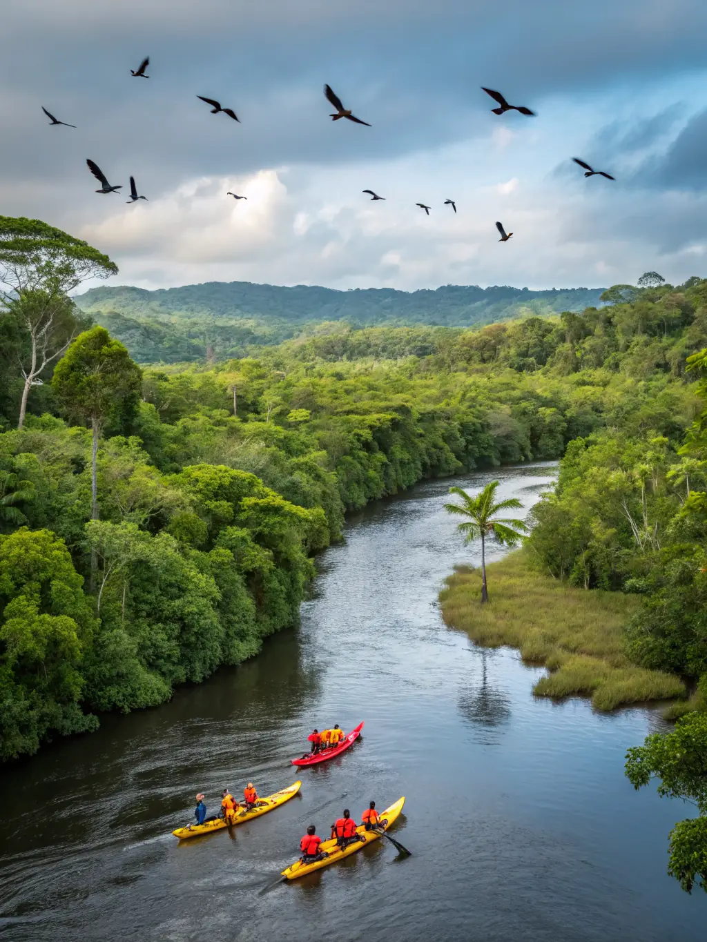 A group of kayakers paddling down a scenic river at Adventure Trails, illustrating the water adventure package.