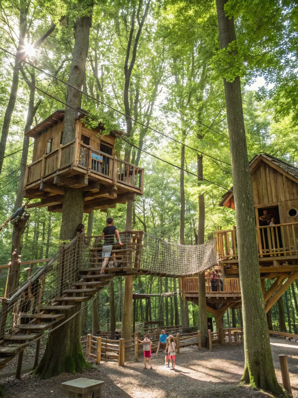 A picture of a treehouse with a rope bridge leading to it, set high in the canopy of a dense forest, evoking a sense of childhood wonder and adventure.