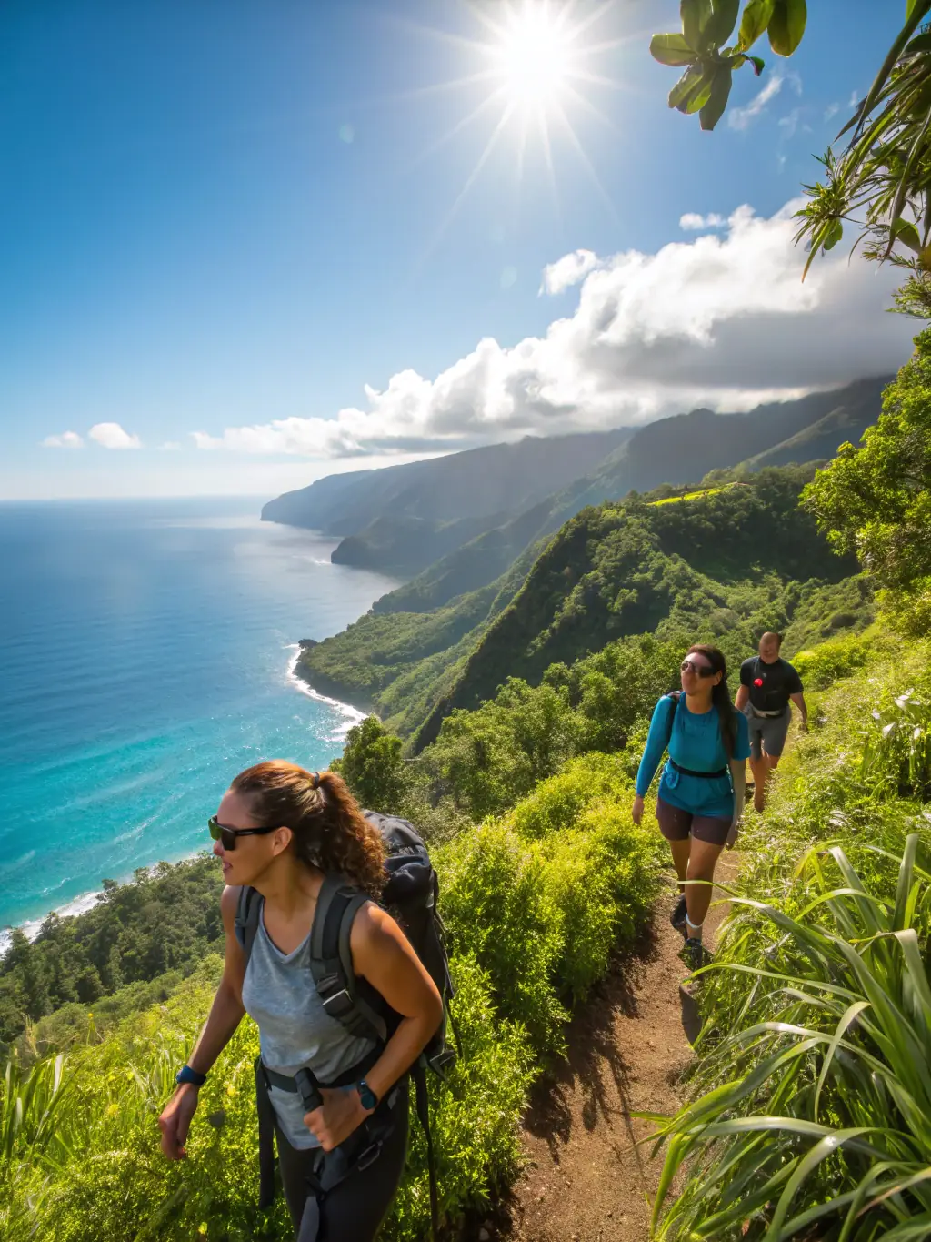 A vibrant image of a group of hikers traversing a mountain trail at Adventure Trails, showcasing the adventure package.